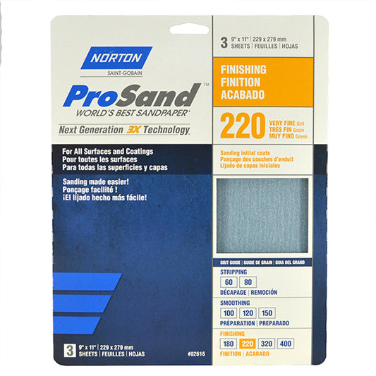 Norton 9" x 11" ProSand Sanding Sheet 220-Grit, 3-Pack