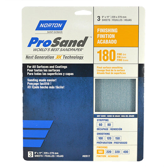Norton 9" x 11" ProSand Sanding Sheet 180-Grit, 3-Pack