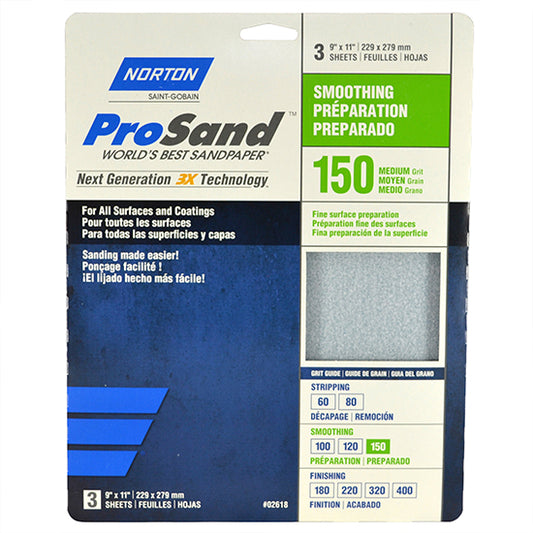 Norton 9" x 11" ProSand Sanding Sheet 150-Grit, 3-Pack