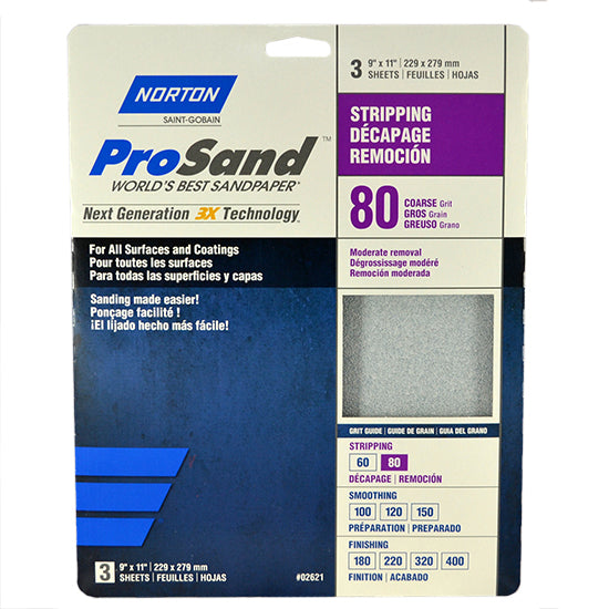 Norton 9" x 11" ProSand Sanding Sheet 80-Grit, 3-Pack