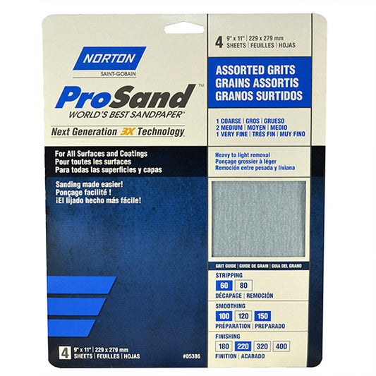 Norton 9" x 11" ProSand Sanding Sheet Assorted, 4-Pack